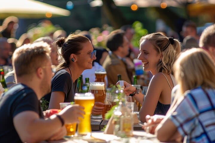 Passeio pelo jardim da cerveja ensolarada
