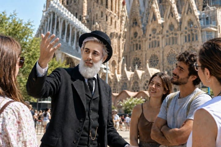 Visita guiada teatral de Gaudí ao exterior da Sagrada Família.